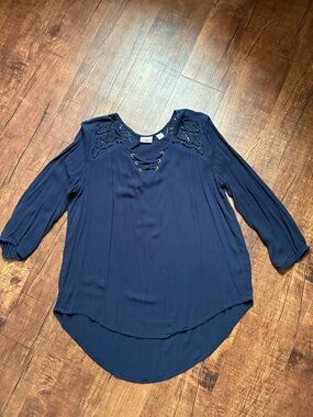 Cato Navy Lace-Shoulder Lace-Up Blouse